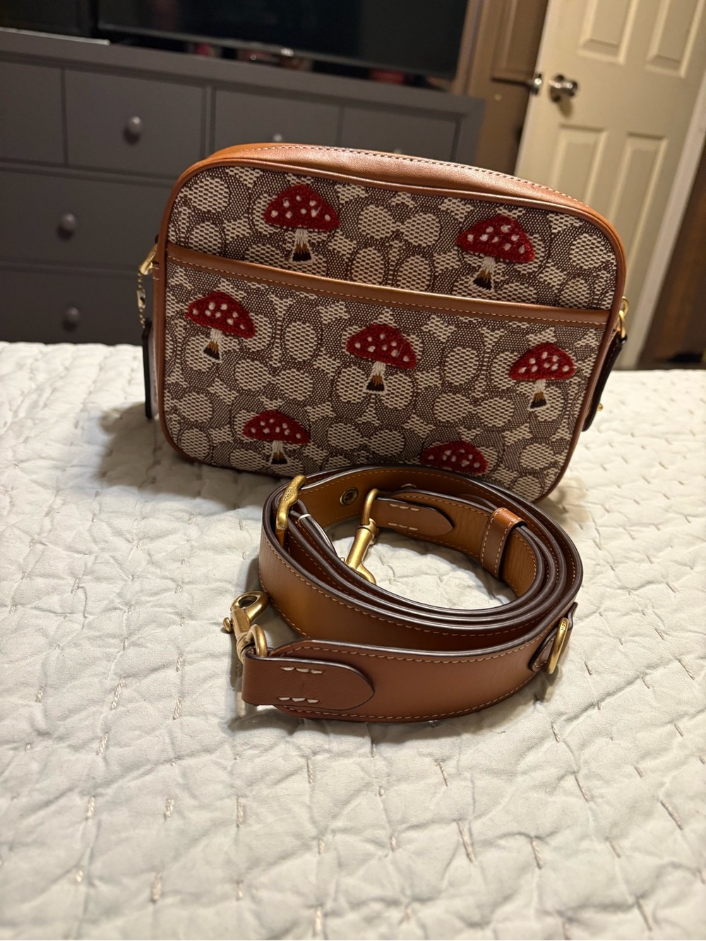 Coach Red Mushroom Signature Jacquard Crossbody with Tan Leather Trim